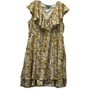 Suzanne Betro Faux Wrap Dress Women's 1X Yellow Floral Print Ruffle V-Neckline